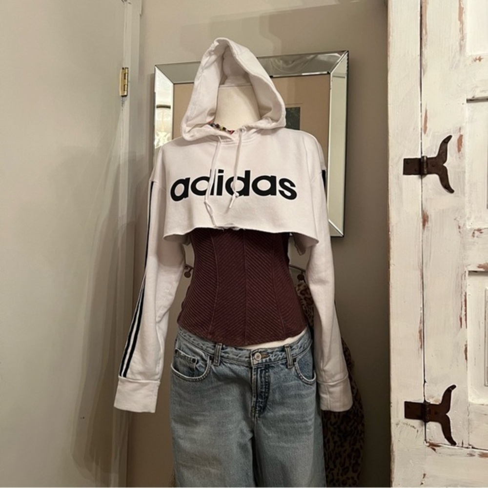 adidas White Cropped Hoodie with Black Logo and Stripe - Picture 10 of 12